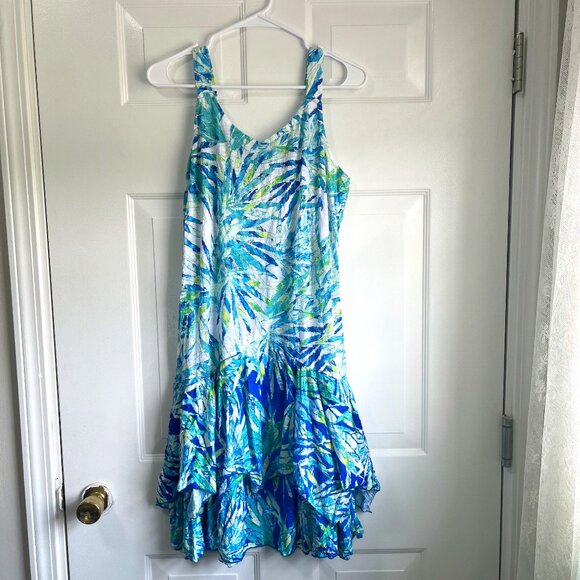 TangoMango Dresses & Skirts - Tango Mango Tropical Palm Leaf Coasta Jungle Blue and Green Sundress Size Medium